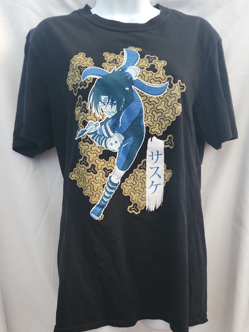 Sasuke Naruto Men's Graphic Tee - Black with Blue & Gold Print